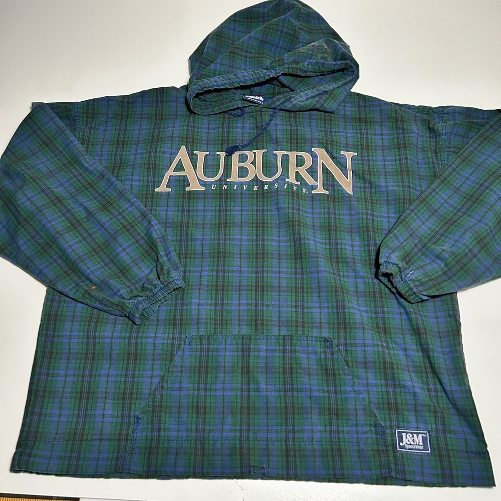 Vintage Auburn University Plaid Hoodie J&M Sportswear Mens XL Green Blue USA